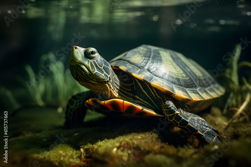 Red Eared Slider Turtle in Aquatic Serenity. Generative AI © PIRMYN
