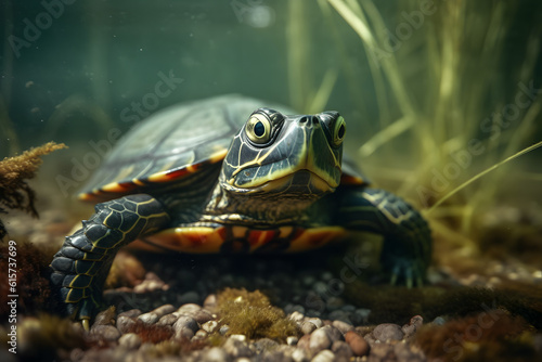 Red Eared Slider Turtle in Aquatic Serenity. Generative AI