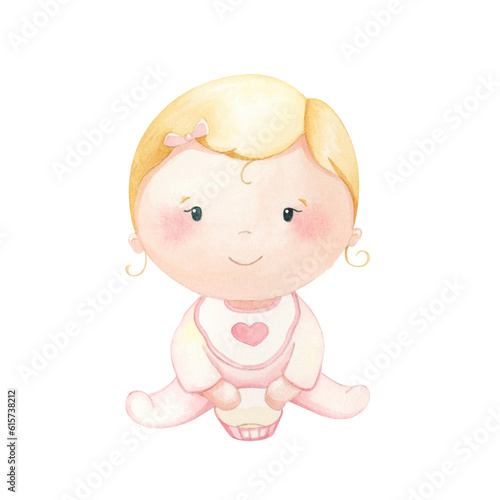 Cute baby with a plate. Watercolor illustration.