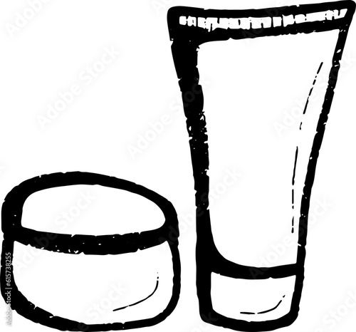Cosmetic jar and tube, face cream, ointment. Textured black outline. Vector set of hand drawn illustrations in doodle style.