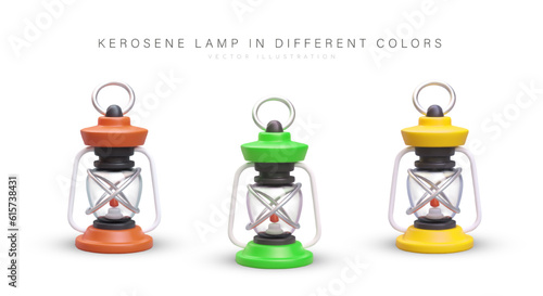 3D kerosene lamps in different colors. Vector image with shadows on white background. Tourist night lighting equipment without batteries. Lantern for long term work