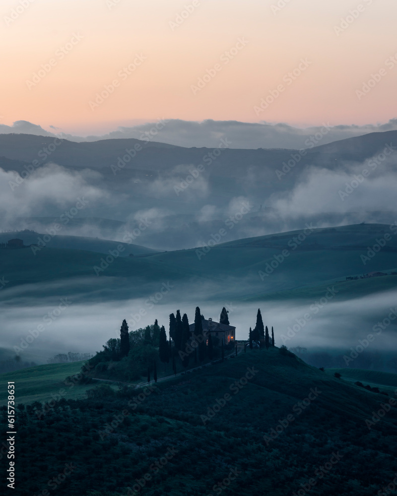 sunrise in the hills, san Quirico d'orcia, val d'orcia, siena, tuscany, italy