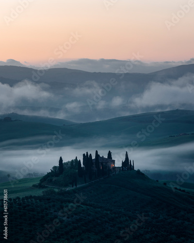 sunrise in the hills  san Quirico d orcia  val d orcia  siena  tuscany  italy