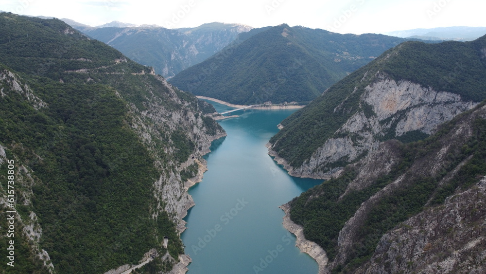 Piva Lake and Canyon, Montenegro. Aerial view.