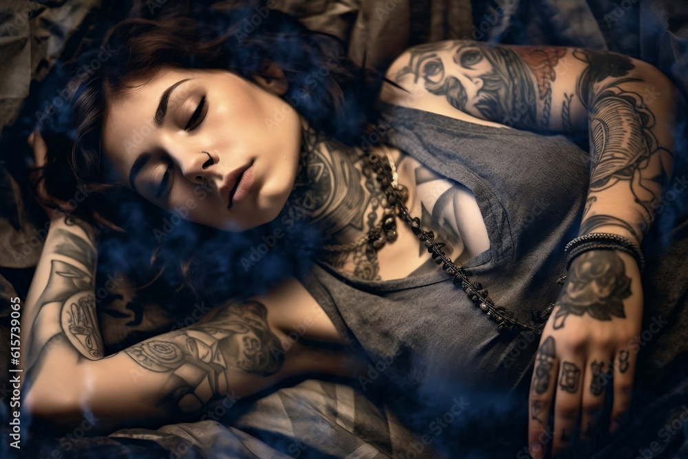 Naklejka premium woman laying with tattoos on her arms