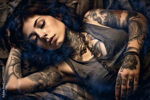 woman laying with tattoos on her arms