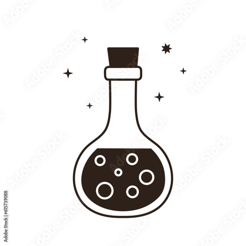Outline vector illustration of cute potion bottle with bubbles. Hand drawn magic elixir drawing. Simple line doodle of brew for card, poster, invitation design