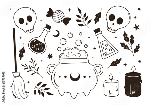 Vector collection of cute outline halloween doodles. Hand drawn magic and witch elements. Line drawings of  cauldron, skull, broom, candles, potion. Sketch witchcraft clipart