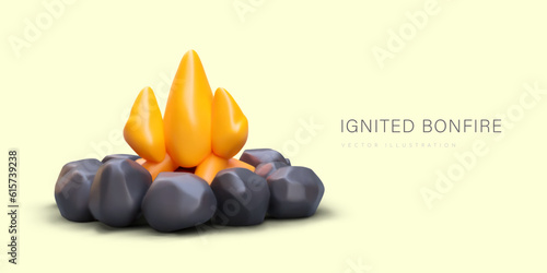 Ignited bonfire, 3D illustration. Camping fire in properly prepared place. Stone fireplace. Rules for safe handling of fire outside. Color poster in plasticine style