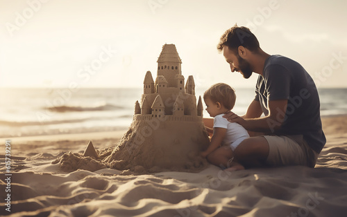 Father with son building a sand castle on the beach. Generative AI technology.