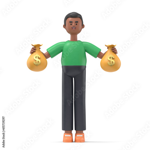 3D illustration of afro man Davido standing holding and hugging in his arms big cash money pack bundle.3D rendering on white background.
 photo