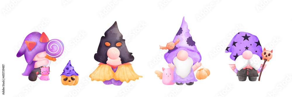 Halloween cartoon watercolour illustration. Isolated gnome, witch, wizard and cute monster.