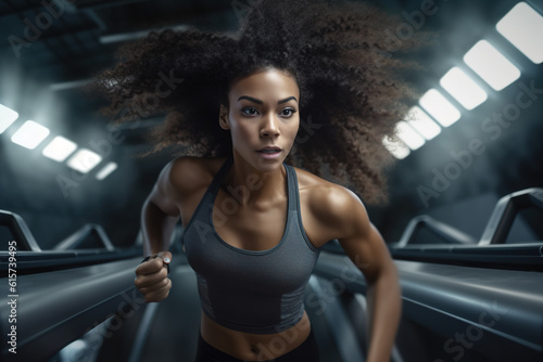 Beautiful young black woman with long curly hair running on treadmill at gym.