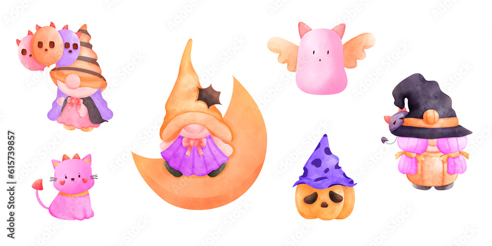 Halloween cartoon watercolour illustration. Isolated nome, witch, wizard and cute monster.