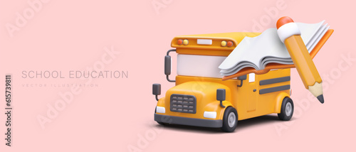 Concept of school education. 3D yellow school bus, open book, pencil. Way to education. Help in mastering educational tasks of course. Horizontal banner with text