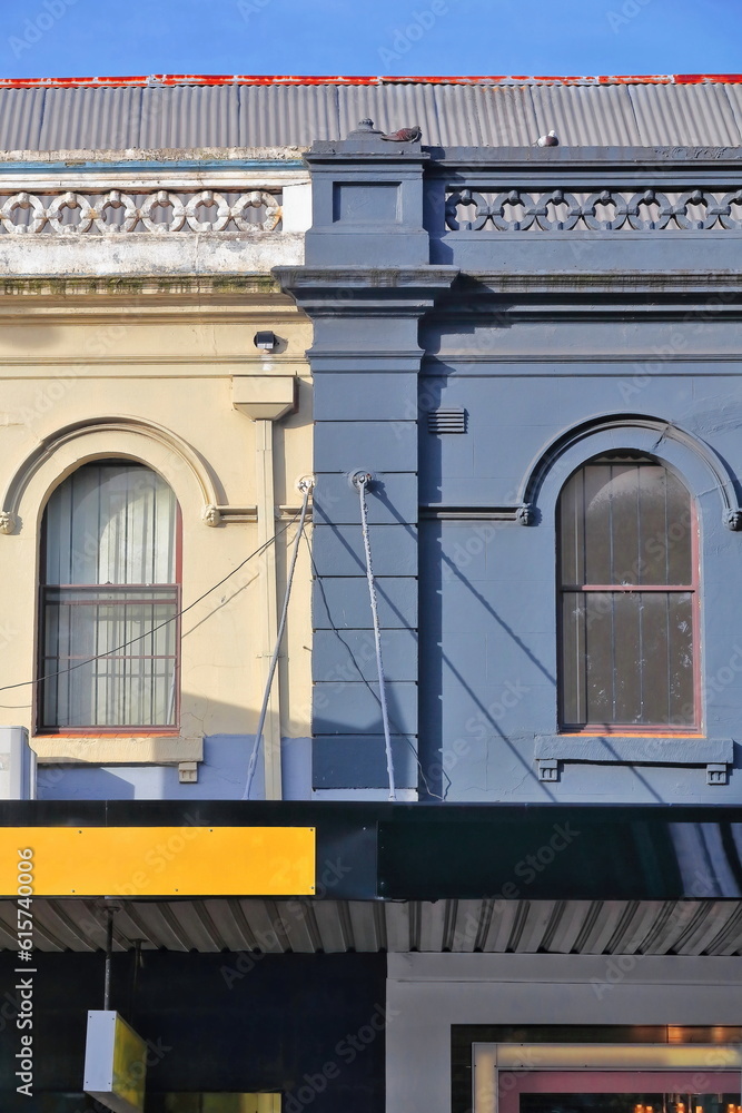 Facades of old Victorian commercial terraces with balustrade parapets, Oxford Street, Paddington. Sydney-Australia-704