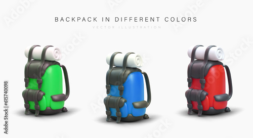 Set of tourist packed 3D backpacks. Rucksacks in different colors on white background. Tourist sports bags with straps, pockets, sleeping mats. Vector graphics for web design