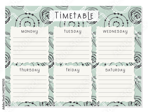 Back to School Timetable abstract doodle hand drawn. Vector illustration