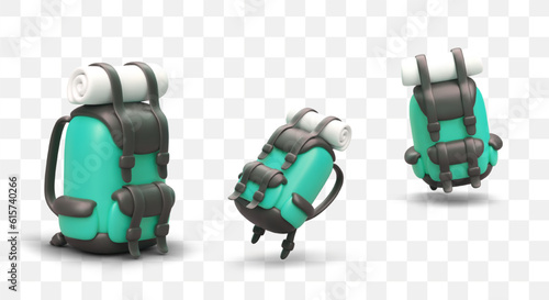 Backpack for proper weight distribution. Equipment for carrying heavy objects over long distances. 3D rucksack in fashionable unisex color. Set of isolated vector images