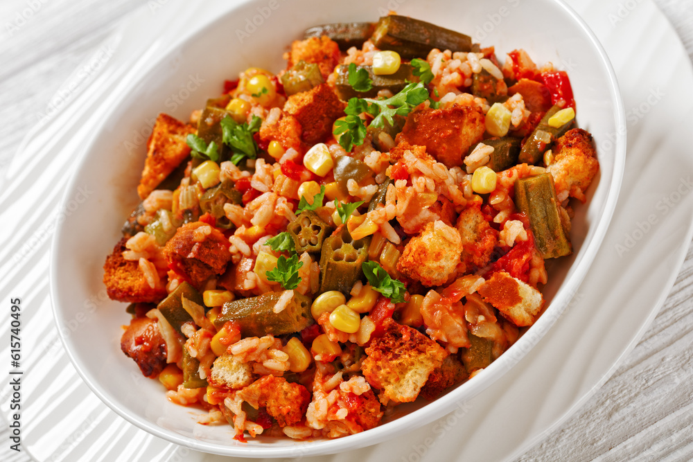 retro okra and rice casserole in white bowl retro okra and rice casserole in white bowl