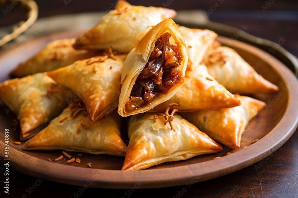 Fried samosas with chicken and vegetable filling popular Indian snacks on wooden board Fried samosas with chicken and vegetable filling popular Indian snacks on wooden board
