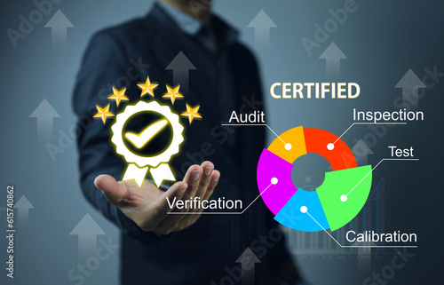 Photos Business man is holding to work  ISO standard cerfified, the accreditation work system for testing and calibration industrial quality concept