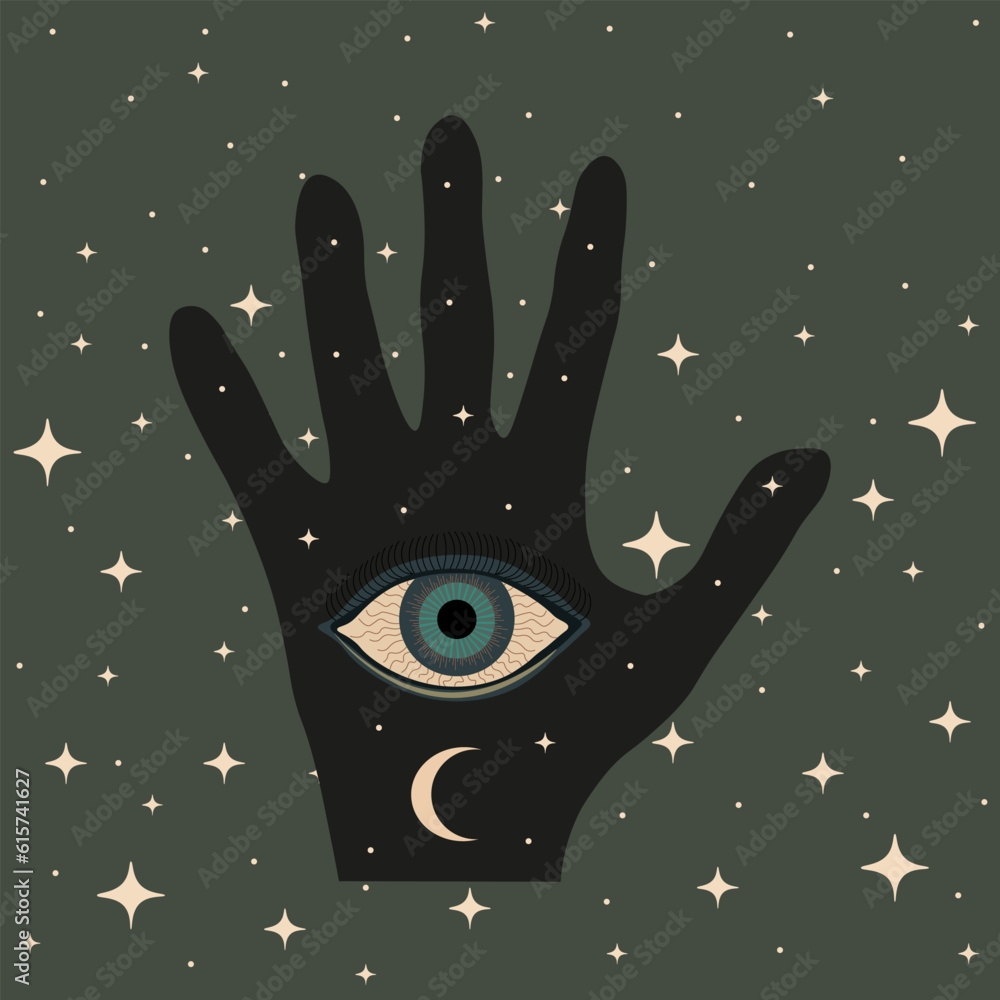 Fototapeta premium Fatima's hand. Hamsa. Miriam's hand. Esoteric banner with Mystical celestial Woman Hand in retro styled with Mandala Eye. Amulet. Spiritual magic poster or t-shirt print. Vector illustration.