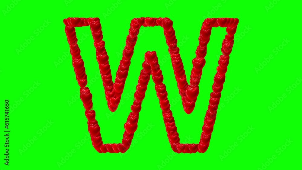 English alphabet W with red hearts on green screen background English alphabet W with red hearts on green screen background