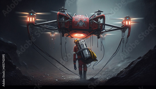 Drohnenrettung mit Rettungsdrohne Lebensrettung im Notfall für die Ersthilfe Bergrettung, Feuerwehr Krankenwagen mit Drohne Generative AI  photo