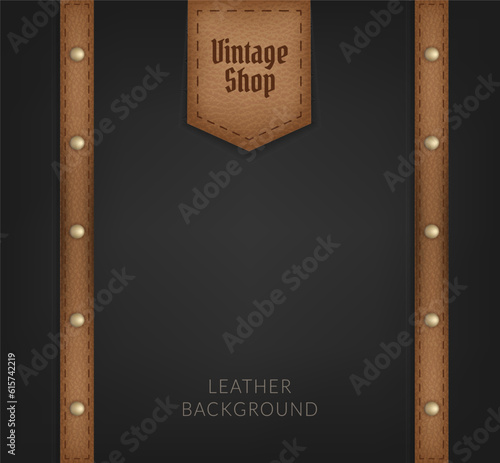 Realistic vector illustration of a detailed leather patch with blank space for advertising, perfect for vintage clothing and retail designs. Black background. Vintage shop brown leather label.