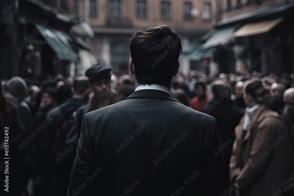 Business in the city. Crowded streets. Businessman in suits walking on background Business in the city. Crowded streets. Businessman in suits walking on background