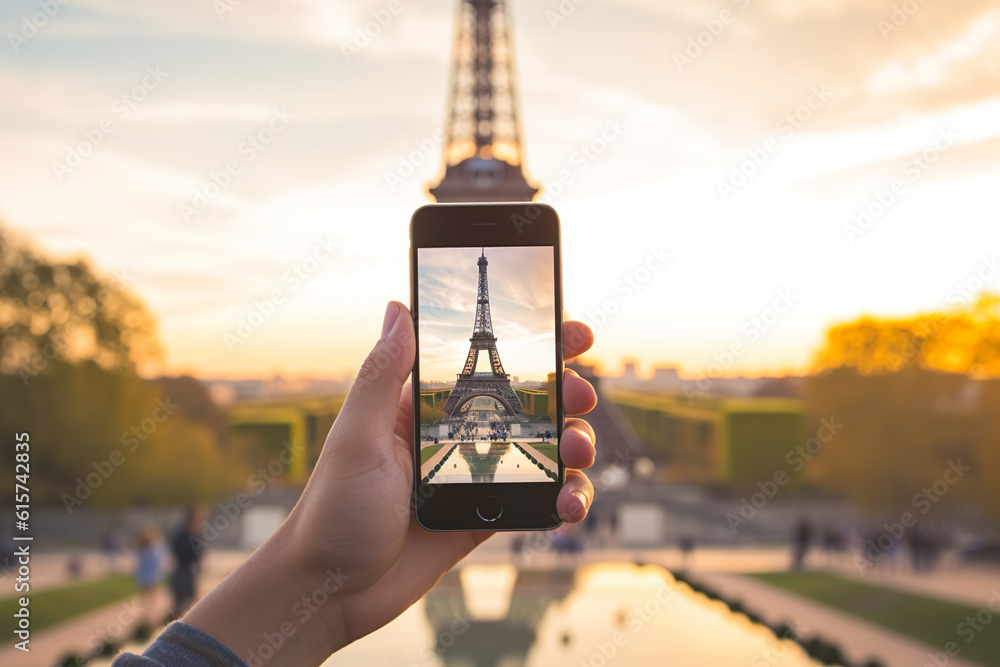 Naklejka premium AI generated image of hand taking picture of Eiffel Tower