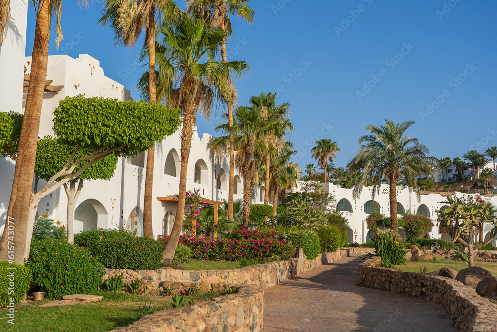 Beautiful view of palm trees, white buildings and stone path at tropical beach resort town Sharm El Sheikh, Egypt