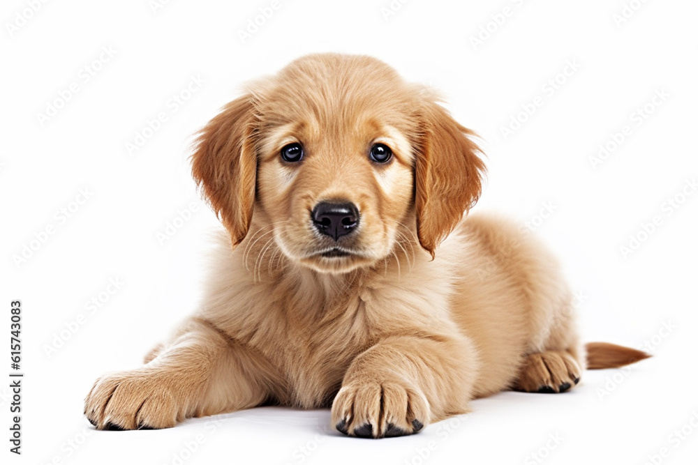A cute puppy of a golden retriever lies on a white background. AI generated