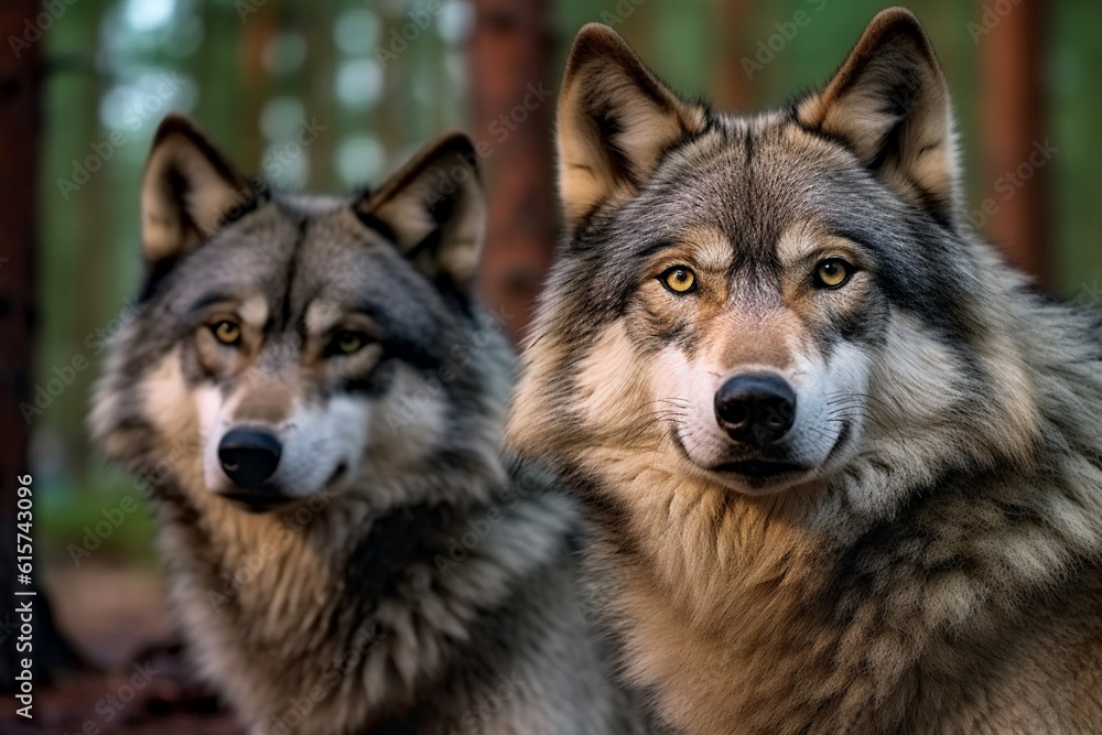 Two wolves in a dark forest. Wild animal in natural habitat. AI generated Two wolves in a dark forest. Wild animal in natural habitat. AI generated