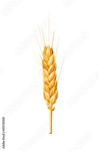 Realistic 3D vector illustration of a golden ear of wheat isolated on a white background. Perfect for agriculture, bakery, and food related designs. Ideal for packaging, farm, nutrition, and organic