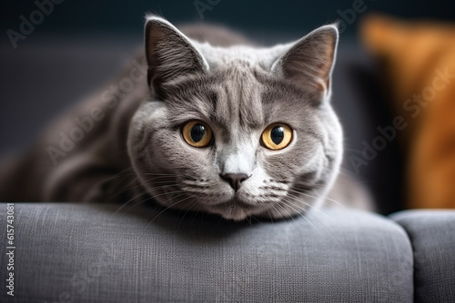 A gray british shorthair cat lies on a sofa indoors. AI generated