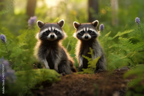 Two young raccoons hid in green vegetation in a dark forest. AI generated