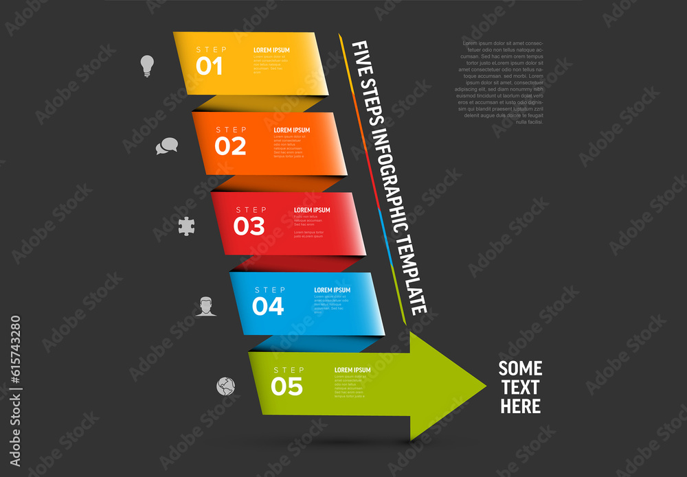 Five color stripe with diagonal arrow shape folded paper steps process ...