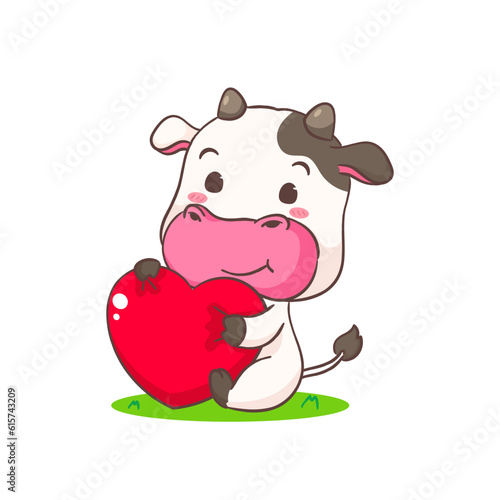 Cute cow holding love heart cartoon character. Adorable animal concept design. Isolated white background. Vector illustration