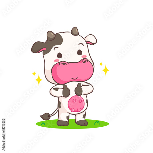 Cute cow show thumbs up hand signcartoon character. Adorable animal concept design. Isolated white background. Vector illustration