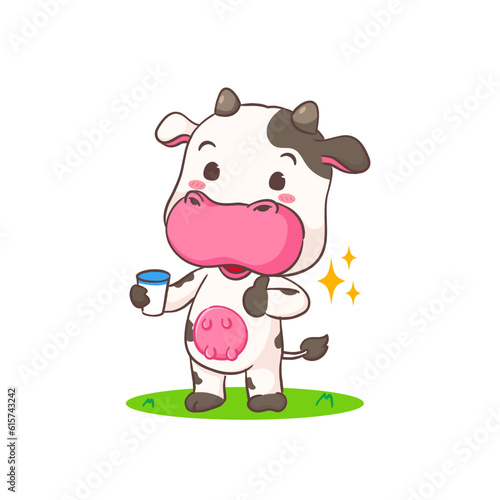 Cute cow holding milk cartoon character. Adorable animal concept design. Isolated white background. Vector illustration