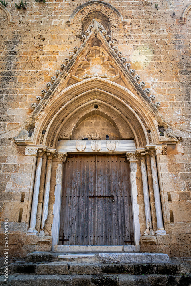 Entrance door of Sinan Pasha Mosque (Gothic Church of St Peter and Paul), in Gazimagusa or Famagusta, Northern Cyprus.