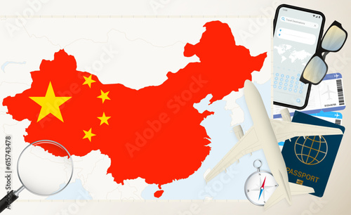 China map and flag, cargo plane on the detailed map of China with flag.