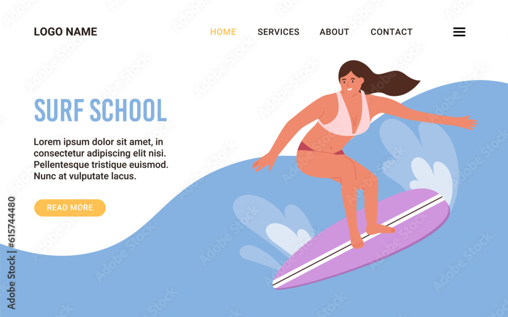 Landing page with Woman surfing on surfboard. Horizontal template design for Surf School. Vector template in flat style