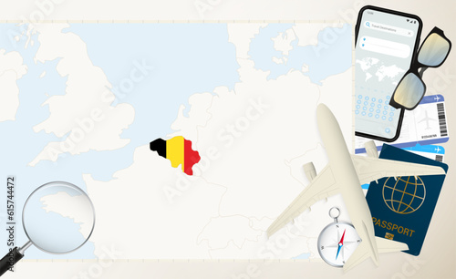 Belgium map and flag, cargo plane on the detailed map of Belgium with flag. photo