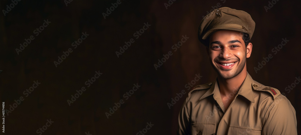 Obraz premium a smiling young men wearing army clothes in dark brown background generative ai