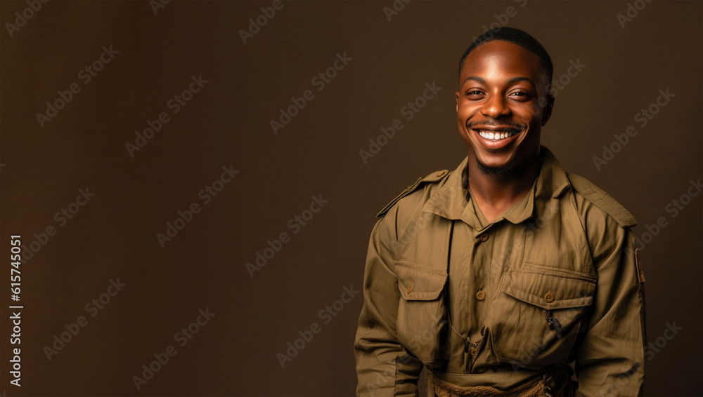 Obraz premium a smiling young men wearing army clothes in dark brown background generative ai