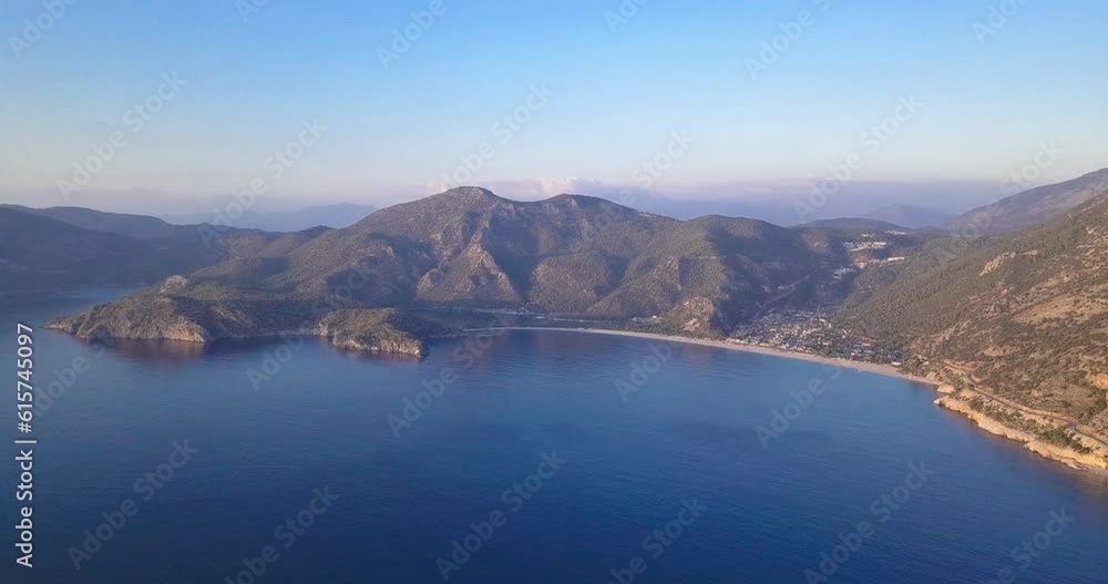 Beautiful panorama drone view of Ölüdeniz and its surroundings at sunset in Fethiye Turkey Beautiful panorama drone view of Ölüdeniz and its surroundings at sunset in Fethiye Turkey