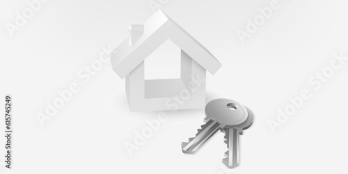 3D illustration of a white house with metal key. Perfect for real estate, property, and housing projects
